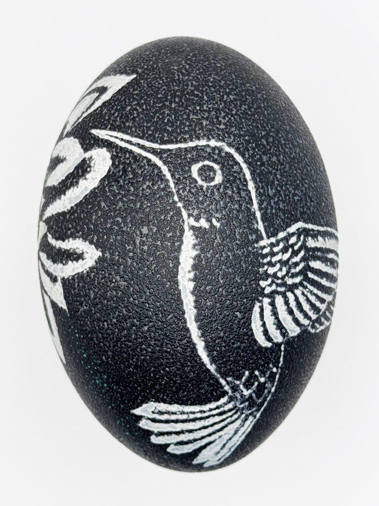 "Delicate Beauty" - Hummingbird & Flower Hand Carved Emu Egg